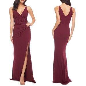 DRESS THE POPULATION Jordan Burgundy Plunge Neck Gown - M